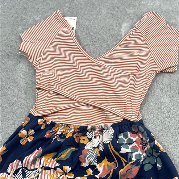 NEW PACT S Shell Stripe/Floral Charm Navy Helena Crossback Mini Dress Pockets - Picture 12 of 13